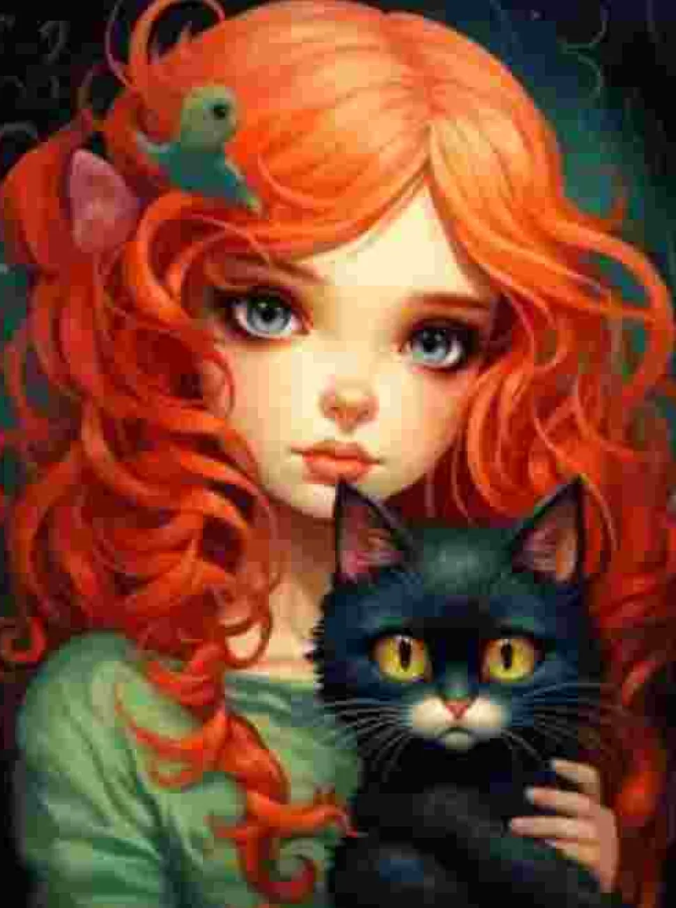 Puzzle Pintura Diamant: Ruiva com um gato preto 30x40cm